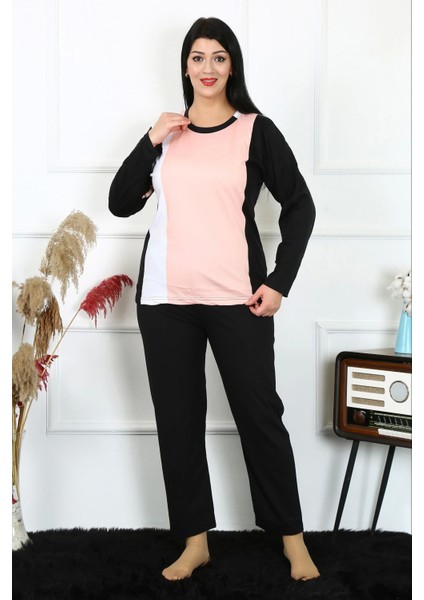 Moda Kadın Büyük Beden Penye Uzun Kol Pijama Takım