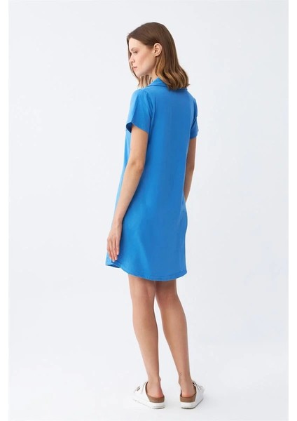 Moda Kadın Pamuk Penye Kısa Kol Düğmeli Mavi Tunik Gecelik