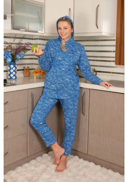 Moda Kadın Pamuk Kapşonlu Cepli 3 Iplik Saks Eşofman Takım