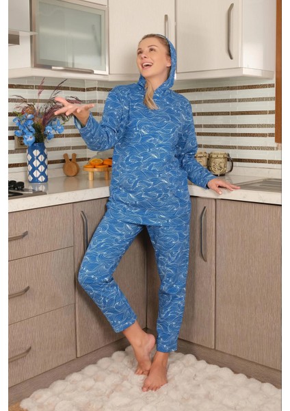 Moda Kadın Pamuk Kapşonlu Cepli 3 Iplik Saks Eşofman Takım fırsatları