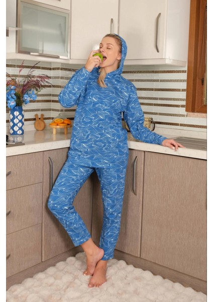 Moda Kadın Pamuk Kapşonlu Cepli 3 Iplik Saks Eşofman Takım indirimleri