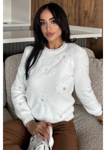 Kadın Çiçek Baskılı Taşlı Sakallı Triko Kazak (S-M-L Beden Uyumludur.) P-00018050