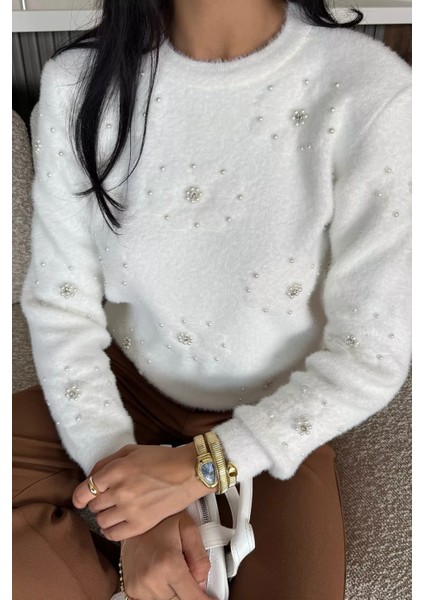 Kadın Çiçek Baskılı Taşlı Sakallı Triko Kazak (S-M-L Beden Uyumludur.) P-00018050 fiyatları