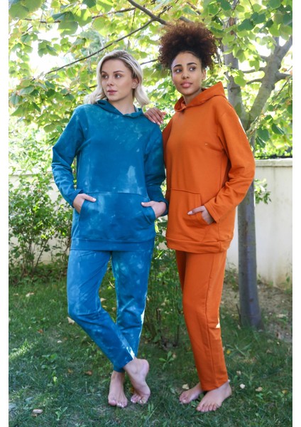 Moda Kadın Pamuk Kapşonlu Cepli 3 Iplik Kiremit Eşofman Takım fırsatları