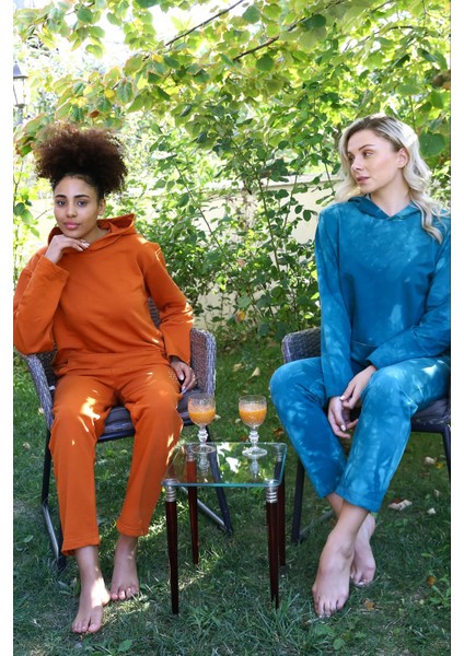 Moda Kadın Pamuk Kapşonlu Cepli 3 Iplik Kiremit Eşofman Takım