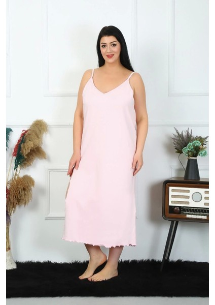 Moda Kadın Büyük Beden Ip Askılı Pamuklu Pembe Uzun Gecelik