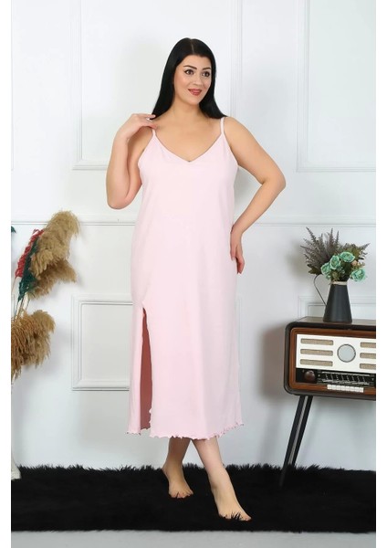 Moda Kadın Büyük Beden Ip Askılı Pamuklu Pembe Uzun Gecelik fiyatları