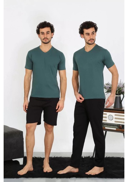 Moda Erkek Penye Petrol Rengi 3'lü Pijama Takımı