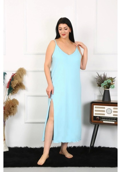 Moda Kadın Büyük Beden Ip Askılı Pamuklu Mavi Uzun Gecelik