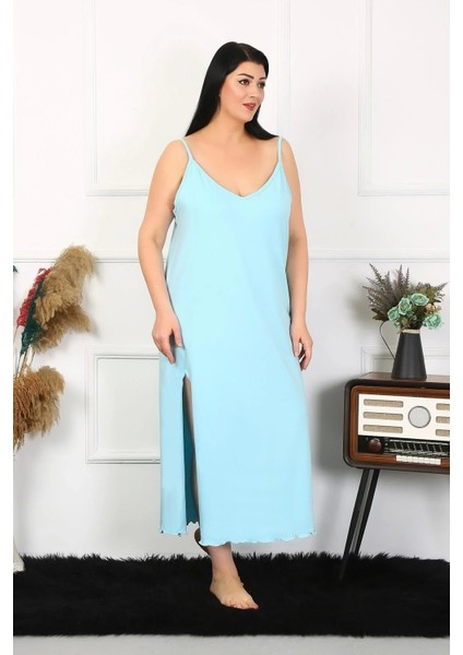 Moda Kadın Büyük Beden Ip Askılı Pamuklu Mavi Uzun Gecelik modelleri