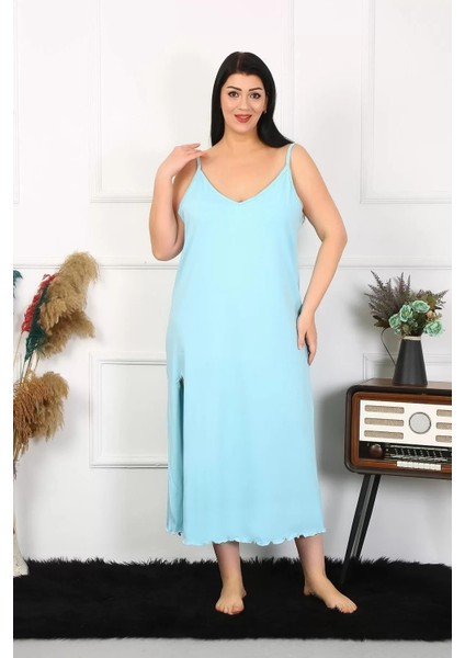 Moda Kadın Büyük Beden Ip Askılı Pamuklu Mavi Uzun Gecelik fırsatları