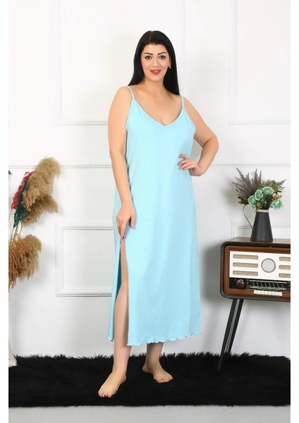 Moda Kadın Büyük Beden Ip Askılı Pamuklu Mavi Uzun Gecelik indirimleri