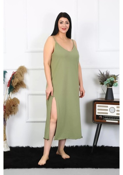Moda Kadın Büyük Beden Ip Askılı Pamuklu Haki Uzun Gecelik