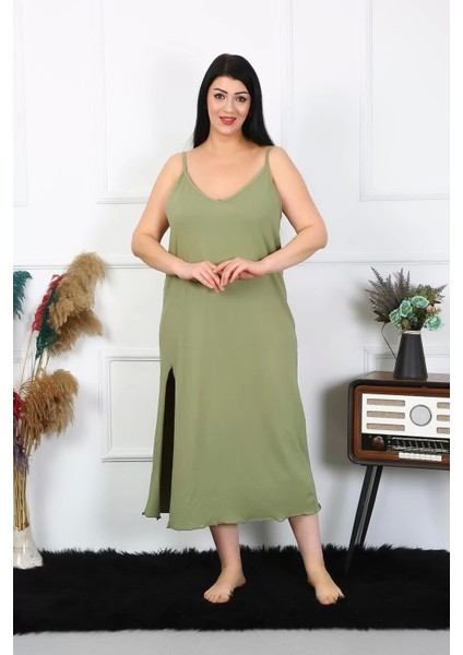 Moda Kadın Büyük Beden Ip Askılı Pamuklu Haki Uzun Gecelik fiyatları