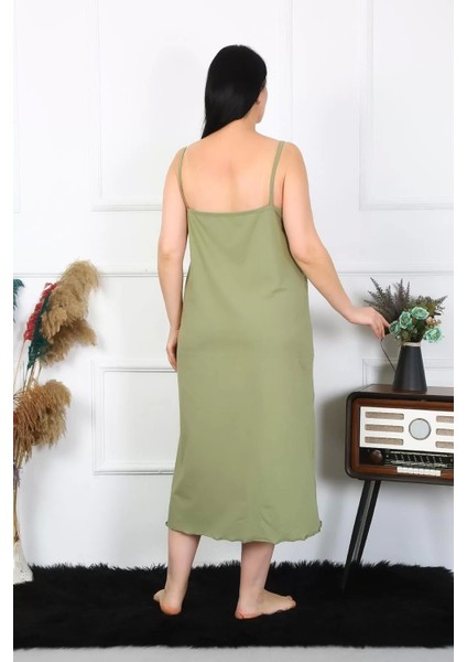 Moda Kadın Büyük Beden Ip Askılı Pamuklu Haki Uzun Gecelik modelleri