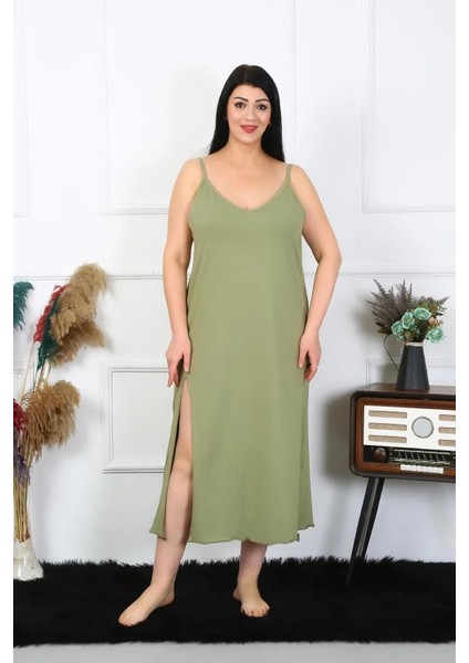 Moda Kadın Büyük Beden Ip Askılı Pamuklu Haki Uzun Gecelik fırsatları