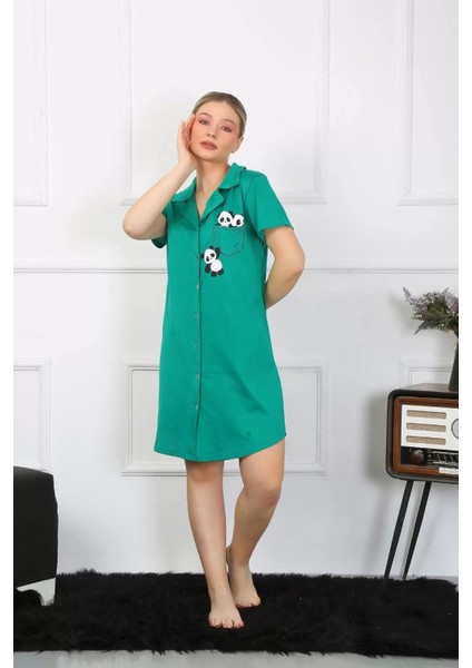 Moda Kadın Pamuklu Penye Kısa Kol Düğmeli Yeşil Tunik Gecelik