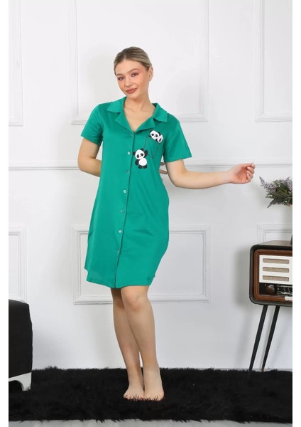 Moda Kadın Pamuklu Penye Kısa Kol Düğmeli Yeşil Tunik Gecelik fiyatları