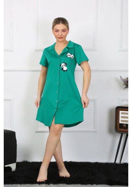 Moda Kadın Pamuklu Penye Kısa Kol Düğmeli Yeşil Tunik Gecelik modelleri