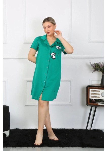 Moda Kadın Pamuklu Penye Kısa Kol Düğmeli Yeşil Tunik Gecelik fırsatları