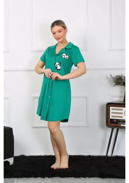 Moda Kadın Pamuklu Penye Kısa Kol Düğmeli Yeşil Tunik Gecelik indirimleri