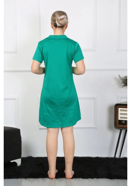 Moda Kadın Pamuklu Penye Kısa Kol Düğmeli Yeşil Tunik Gecelik