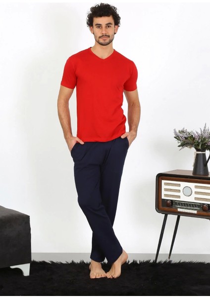 Moda Erkek Penye Kırmızı 3'lü Pijama Takımı