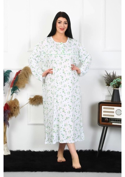 Moda Kadın Büyük Beden Uzun Kol Beyaz Anne Gecelik