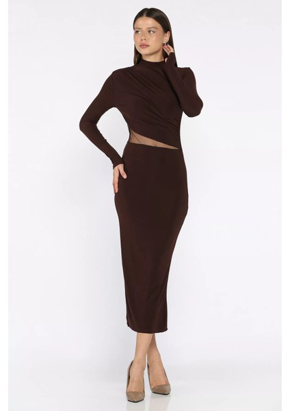 Kadın Omuz ve Bel Drapeli Tül Detaylı Likralı Elbise P-00018078