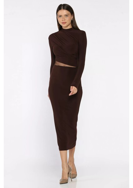 Kadın Omuz ve Bel Drapeli Tül Detaylı Likralı Elbise P-00018078 fiyatları