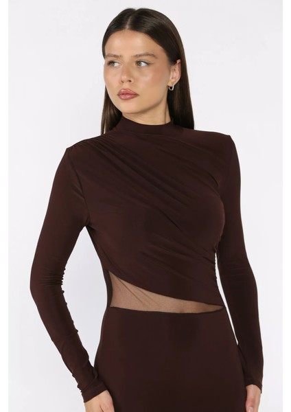 Kadın Omuz ve Bel Drapeli Tül Detaylı Likralı Elbise P-00018078 fırsatları