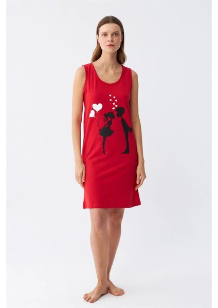 Moda Kadın Kalın Askılı Penye Diz Üstü Kırmızı Gecelik