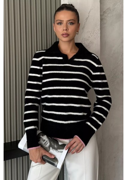 Kadın Polo Yaka Çizgi Desenli Sakallı Triko Kazak (S-M-L-Xl Beden Uyumludur.) P-00018051