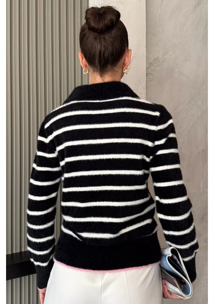Kadın Polo Yaka Çizgi Desenli Sakallı Triko Kazak (S-M-L-Xl Beden Uyumludur.) P-00018051 fırsatları
