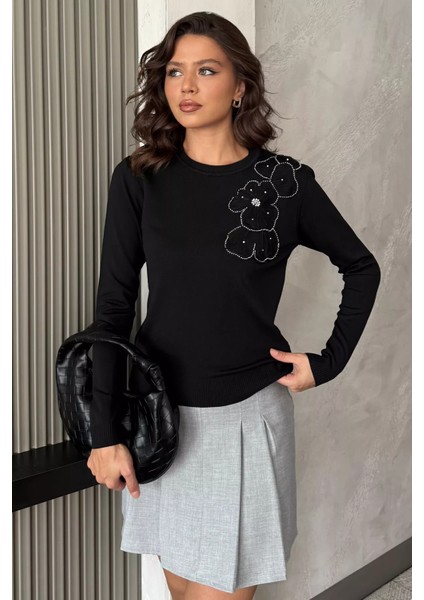Kadın Bisiklet Yaka Çiçek Figürlü Triko Bluz P-00018056