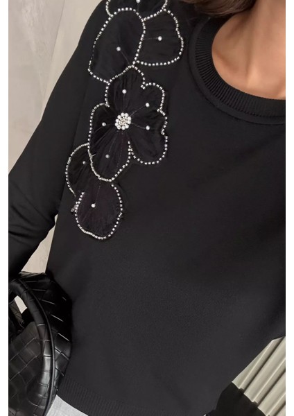 Kadın Bisiklet Yaka Çiçek Figürlü Triko Bluz P-00018056 modelleri