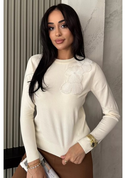 Kadın Bisiklet Yaka Çiçek Figürlü Triko Bluz P-00018056