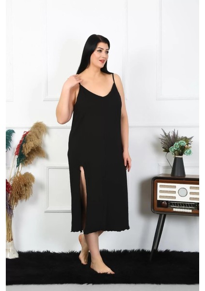 Moda Kadın Büyük Beden Ip Askılı Pamuklu Siyah Uzun Gecelik