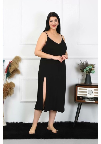 Moda Kadın Büyük Beden Ip Askılı Pamuklu Siyah Uzun Gecelik fırsatları