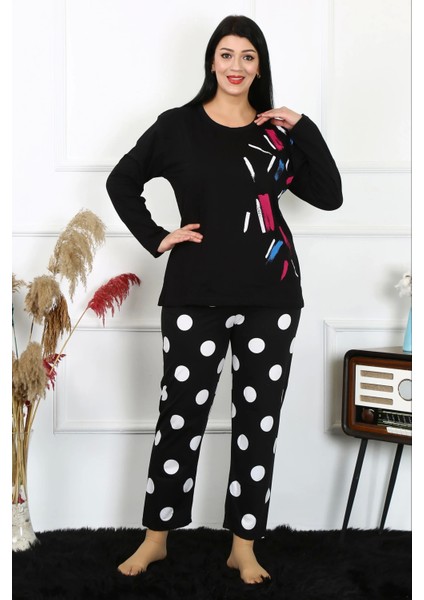 Moda Kadın Büyük Beden Penye Uzun Kol Pijama Takım
