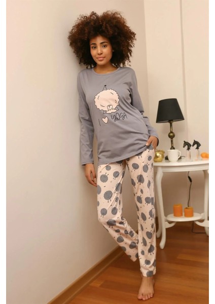 Moda Kadın Penye Uzun Kol Pijama Takım Gri fiyatları
