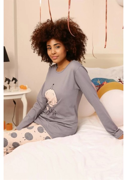 Moda Kadın Penye Uzun Kol Pijama Takım Gri fırsatları