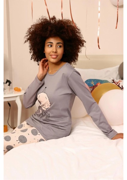 Moda Kadın Penye Uzun Kol Pijama Takım Gri indirimleri
