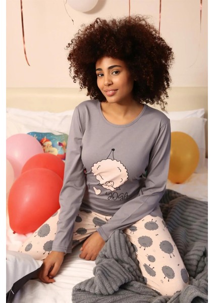 Moda Kadın Penye Uzun Kol Pijama Takım Gri