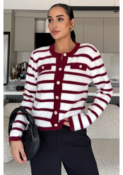 Kadın Çizgi Desenli Gold Düğmeli Yumoş Triko Ceket (S-M-L-Xl Beden Uyumludur.) P-00018070