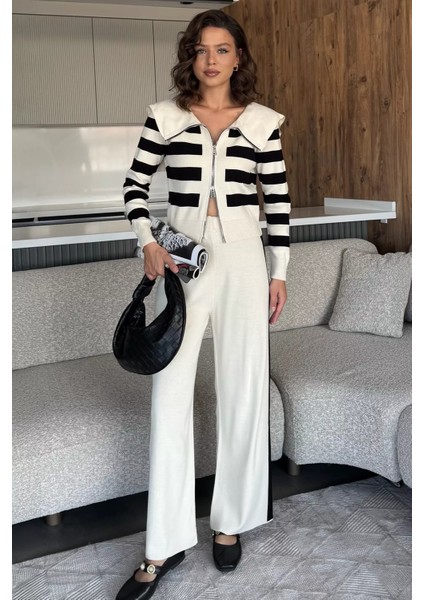 Kadın Şerit Desenli Triko Hırka Pantolon Ikili Takım (S-M-L Beden Uyumludur.) P-00018048