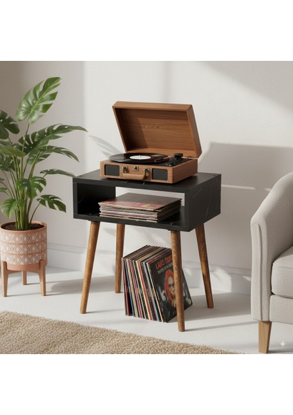 Royal Plak ve Pikap Çalar Sehpası Siyah Mermer Desenli