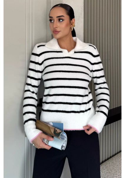 Kadın Polo Yaka Çizgi Desenli Sakallı Triko Kazak (S-M-L-Xl Beden Uyumludur.) P-00018051