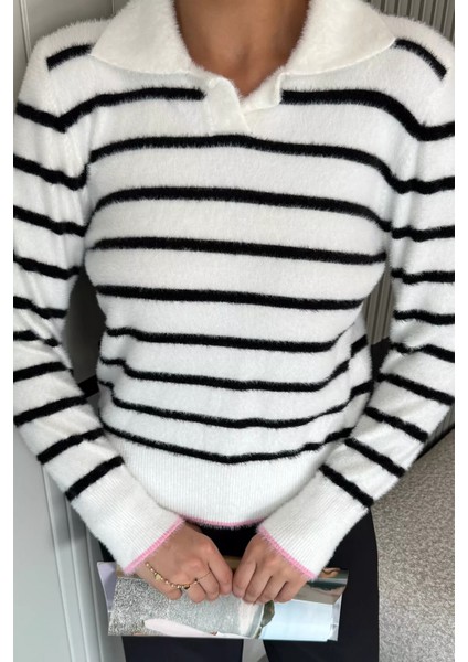 Kadın Polo Yaka Çizgi Desenli Sakallı Triko Kazak (S-M-L-Xl Beden Uyumludur.) P-00018051 fiyatları