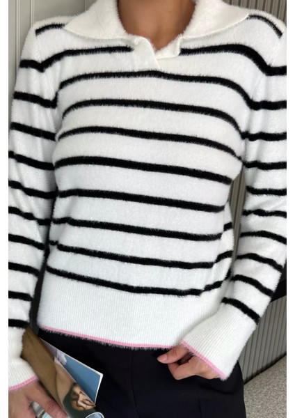 Kadın Polo Yaka Çizgi Desenli Sakallı Triko Kazak (S-M-L-Xl Beden Uyumludur.) P-00018051 modelleri